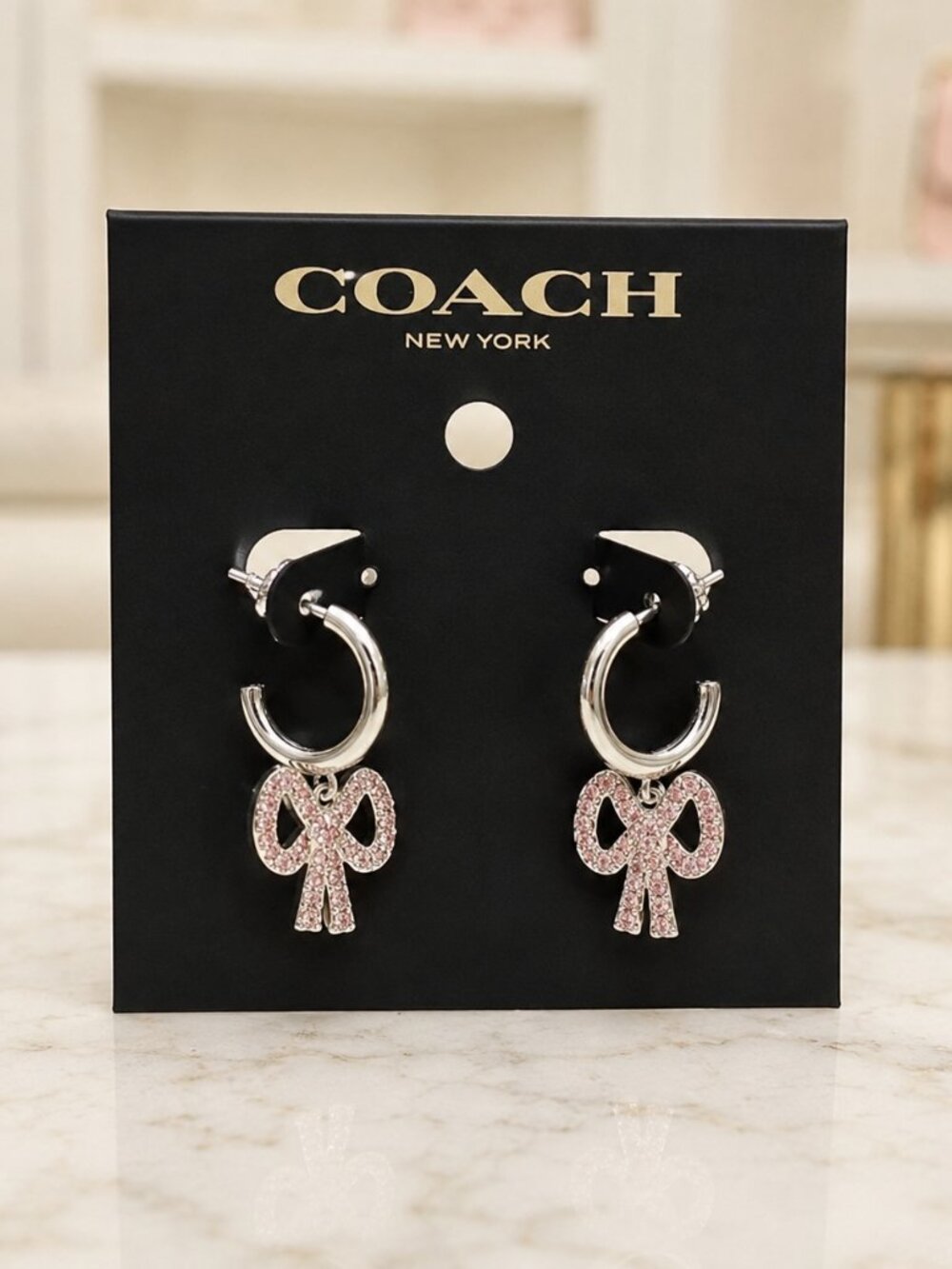 Coach Silver Pave Crystal Bow Charm Hoop Earrings NWT